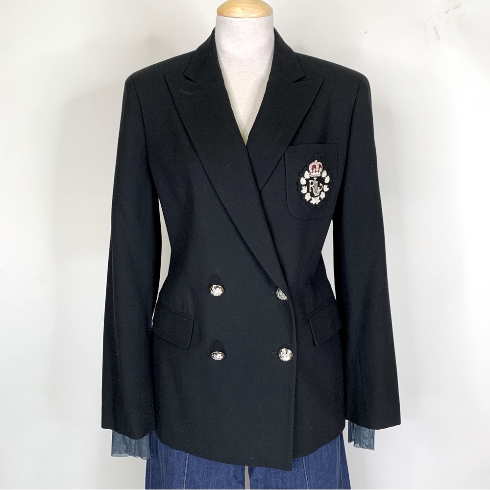 Lauren Ralph Lauren size 4 black wool vintage double breasted embroidered blazer
